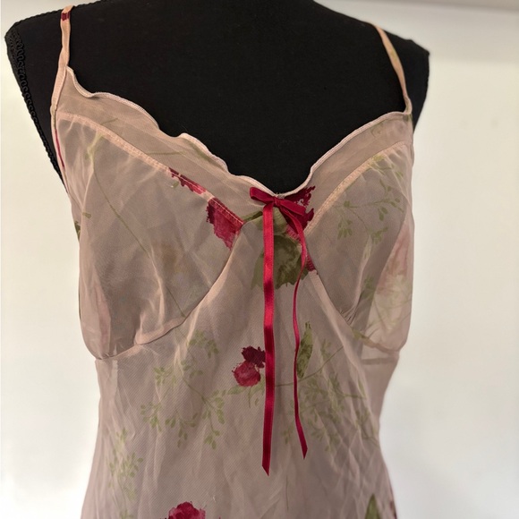 Vintage nude sheer rose ruffle slip dress bow detail Coquette girl boudoir sz14 - Picture 2 of 6